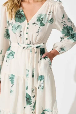 Online Carley Midi Dress in Cream with Green Floral Linen Blend Dresses|Casual