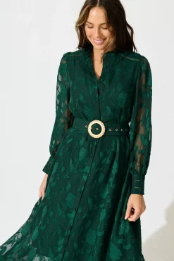 Sale Carolina Midi Dress in Emerald Floral Burnout Chiffon Dresses|Party