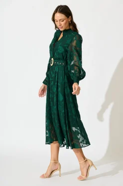 Sale Carolina Midi Dress in Emerald Floral Burnout Chiffon Dresses|Party