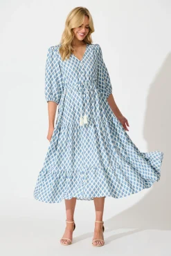 Online Carolyn Midi Dress in White with Blue Print Dresses|Casual
