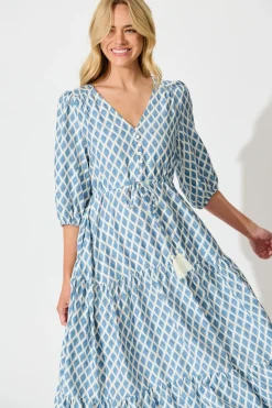 Online Carolyn Midi Dress in White with Blue Print Dresses|Casual