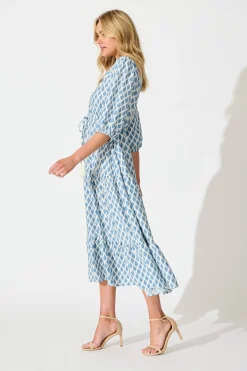 Online Carolyn Midi Dress in White with Blue Print Dresses|Casual