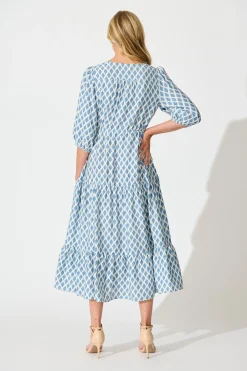Online Carolyn Midi Dress in White with Blue Print Dresses|Casual