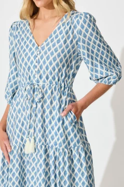 Online Carolyn Midi Dress in White with Blue Print Dresses|Casual