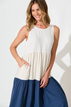 Outlet Cecily Midi Dress In Navy Colourblock Linen Blend Dresses|Casual
