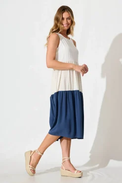Outlet Cecily Midi Dress In Navy Colourblock Linen Blend Dresses|Casual