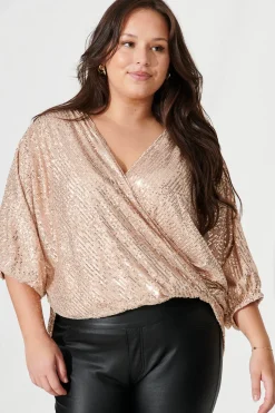 New Celebration Sequin Mock Wrap Top In Rose Gold Tops|Party & Occasion