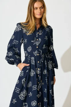 Hot Celestial Reef Maxi Shirt Dress in Navy with White Shell Print Dresses|Casual