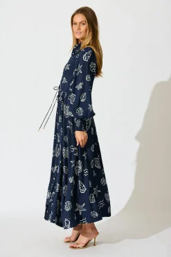 Hot Celestial Reef Maxi Shirt Dress in Navy with White Shell Print Dresses|Casual