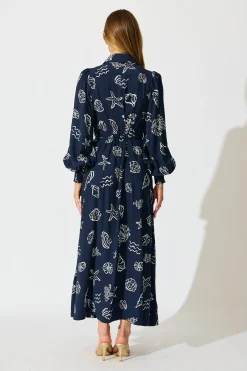 Hot Celestial Reef Maxi Shirt Dress in Navy with White Shell Print Dresses|Casual