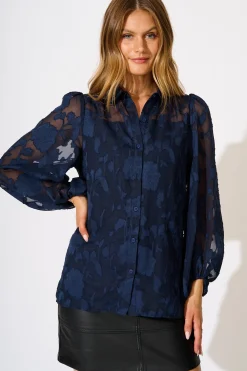 Sale Celestial Shirt in Navy Floral Burnout Chiffon Tops|Party & Occasion