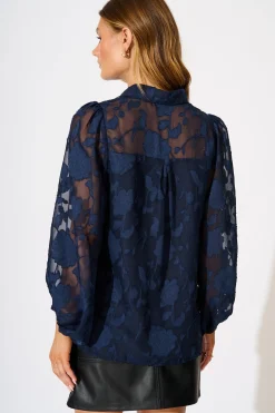 Sale Celestial Shirt in Navy Floral Burnout Chiffon Tops|Party & Occasion