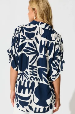 Outlet Celia Shirt in Navy and White Print Tops