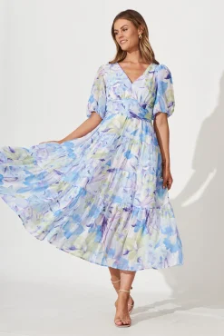 Clearance Celine Midi Dress In Blue With Green Watercolour Floral Print Dresses|Party