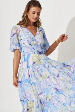 Clearance Celine Midi Dress In Blue With Green Watercolour Floral Print Dresses|Party