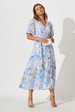Clearance Celine Midi Dress In Blue With Green Watercolour Floral Print Dresses|Party