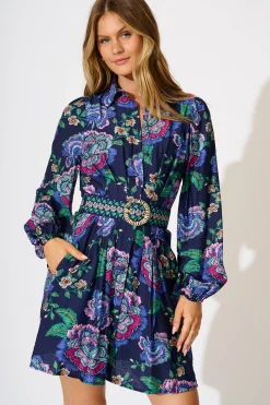 Sale Charlene Shirt Dress in Navy with Multi Floral Dresses|Party