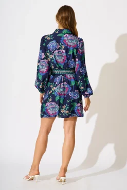 Sale Charlene Shirt Dress in Navy with Multi Floral Dresses|Party