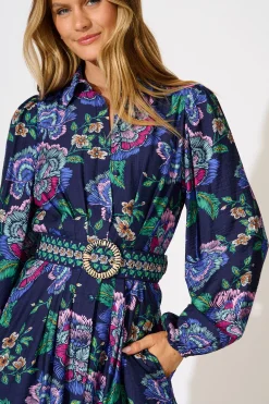 Sale Charlene Shirt Dress in Navy with Multi Floral Dresses|Party
