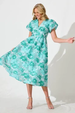 Fashion Cherish Midi Dress in Aqua Floral Organza Jacquard Dresses|Party