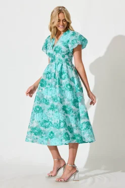 Fashion Cherish Midi Dress in Aqua Floral Organza Jacquard Dresses|Party