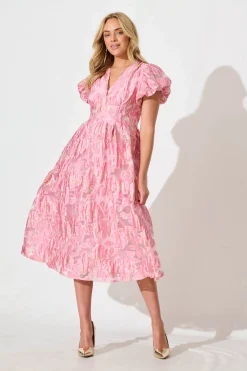 Hot Cherish Midi Dress in Pink Floral Organza Jacquard Dresses|Party
