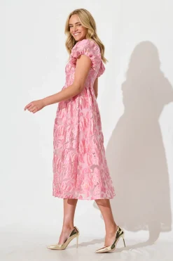 Hot Cherish Midi Dress in Pink Floral Organza Jacquard Dresses|Party