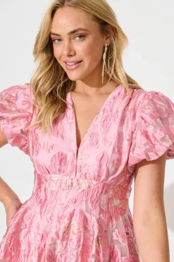 Hot Cherish Midi Dress in Pink Floral Organza Jacquard Dresses|Party