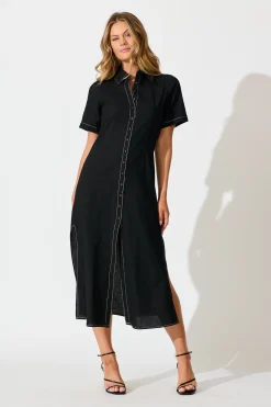 Outlet Christiana Maxi Shirt Dress In Black Linen Blend Dresses|Casual