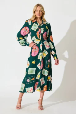 Online Ciao Bella Maxi Shirt Dress in Emerald Postcard Print Dresses|Casual