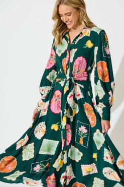 Online Ciao Bella Maxi Shirt Dress in Emerald Postcard Print Dresses|Casual