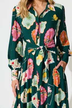 Online Ciao Bella Maxi Shirt Dress in Emerald Postcard Print Dresses|Casual