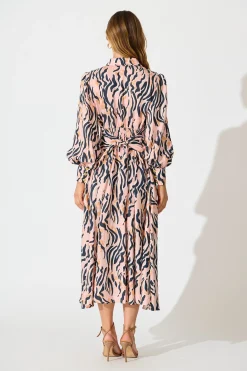 Discount Ciao Bella Maxi Shirt Dress in Blush with Black Print Dresses|Casual