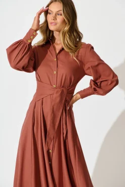 Discount Ciao Bella Maxi Shirt Dress In Rust Linen Blend Dresses|Casual