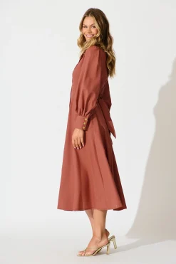 Discount Ciao Bella Maxi Shirt Dress In Rust Linen Blend Dresses|Casual