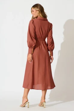 Discount Ciao Bella Maxi Shirt Dress In Rust Linen Blend Dresses|Casual