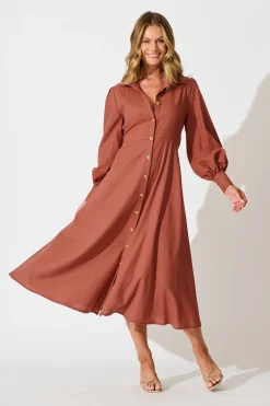 Discount Ciao Bella Maxi Shirt Dress In Rust Linen Blend Dresses|Casual