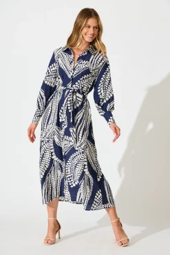 Clearance Clara Maxi Shirt Dress in Navy with White Print Dresses|Casual