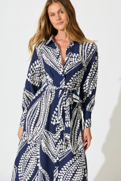 Clearance Clara Maxi Shirt Dress in Navy with White Print Dresses|Casual