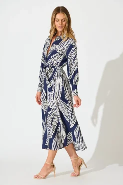 Clearance Clara Maxi Shirt Dress in Navy with White Print Dresses|Casual