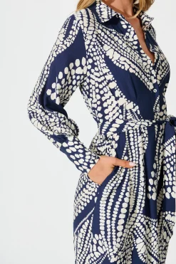 Clearance Clara Maxi Shirt Dress in Navy with White Print Dresses|Casual