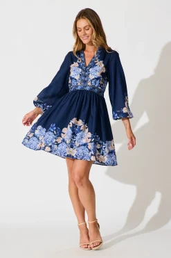 Hot Clarion Dress in Navy Border Floral Linen Blend Engagement Party|Hens Night