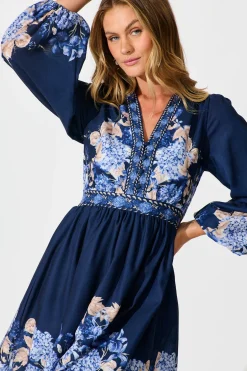 Hot Clarion Dress in Navy Border Floral Linen Blend Engagement Party|Hens Night