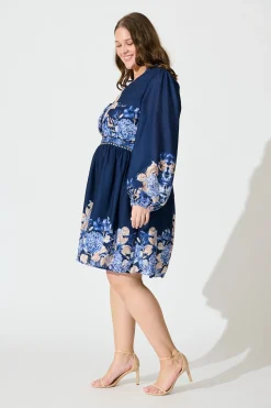 Hot Clarion Dress in Navy Border Floral Linen Blend Engagement Party|Hens Night