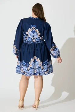 Hot Clarion Dress in Navy Border Floral Linen Blend Engagement Party|Hens Night
