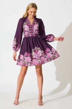Online Clarion Dress in Plum Border Floral Linen Blend Dresses|Party