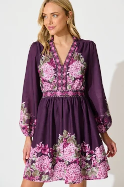 Online Clarion Dress in Plum Border Floral Linen Blend Dresses|Party