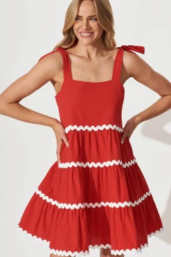 Clearance Claus Dress In Red With White Ric Rac Trim Cotton Dresses|Casual