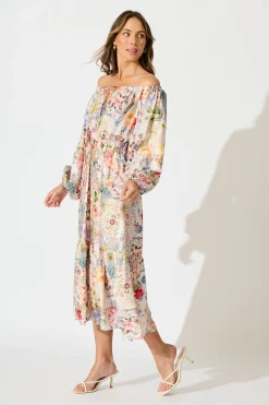 New Connie Midi Dress in White with Multi Floral Print Dresses|Casual