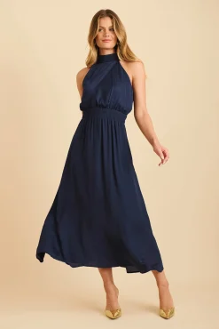 Best Costa Rica Halter Neck Maxi Dress in Navy Satin Dresses|Party